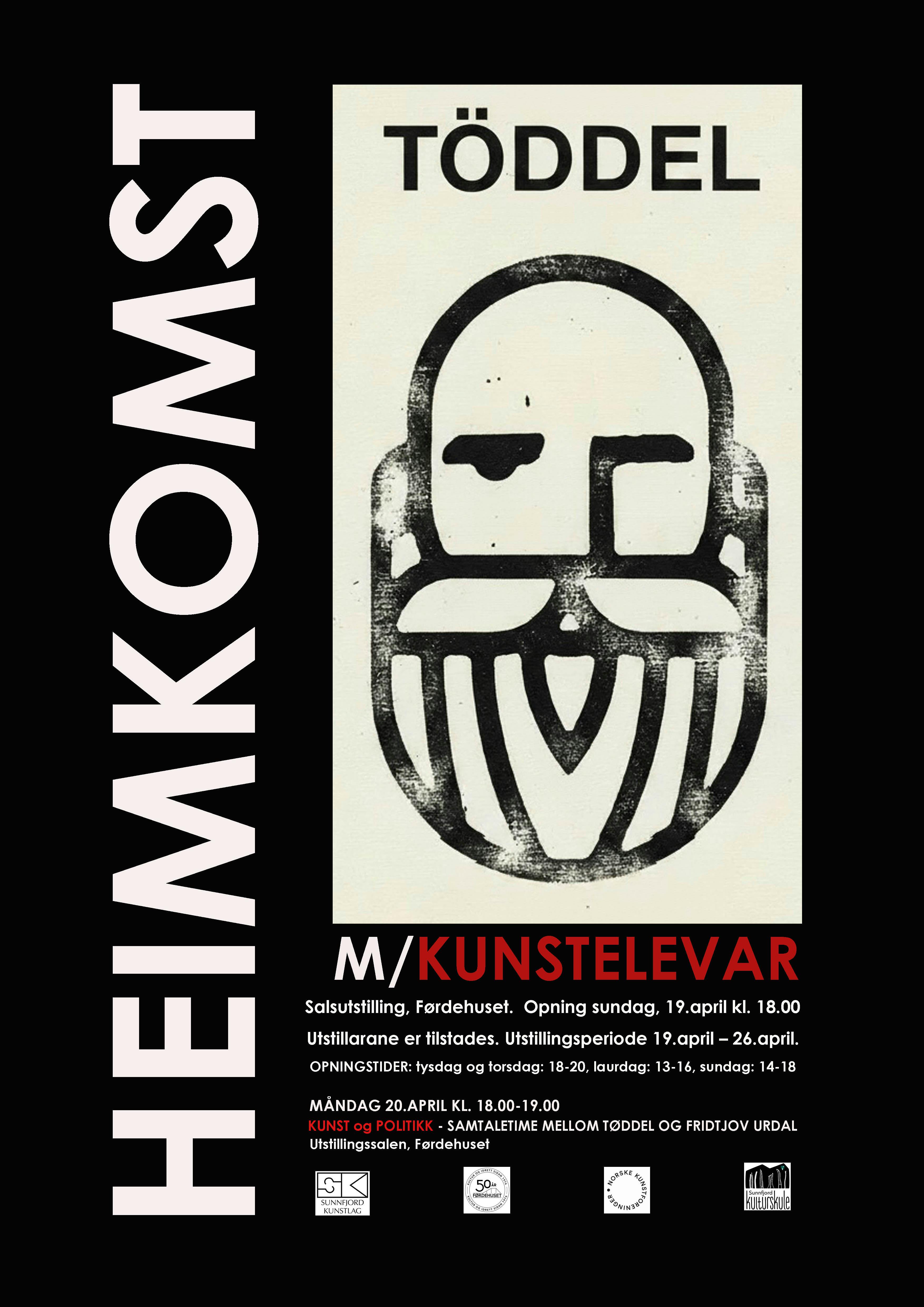&laquo;HEIMKOMST&raquo; PROSJEKTUTSTILLING  GATEKUNST OG SILKETRYKK &ndash; T&Oslash;DDEL OG KUNSTSKULE-ELEVAR  Dagane 17. &ndash; 19.april skal fordjupingsgruppa i visuell kunst ved Sunnfjord Kulturskule, saman med Roy H&aring;vard L&oslash;seth (T&Oslash;DDEL), gjennomf&oslash;re ei travel og spanande verkstadhelg. Gjennom desse dagane skal dei jobbe med biletskaping i silketrykk, og dei skal &ndash; ikkje minst &ndash; ut i det offentlege romet og utf&oslash;re eit gatekunstprosjekt.  Sundag 19.april kl 1800 vert det opning av utstillinga &laquo;Heimkomst&raquo; i Utstillingssalen i F&oslash;rdehuset, med elevarbeid i silketrykk fr&aring; verkstadhelga og kunst av T&Oslash;DDEL. Utstillinga, som vert ei salsutstilling, er open for alle, med gratis adgang. Utstillinga st&aring;r fram tom 26.april. Prosjektet er kome i stand i eit samarbeid mellom Sunnfjord Kulturskule og Sunnfjord Kunstlag.  Opningstider, utstillinga "Heimkomst":  Tysdag 21. april kl. 1800 &ndash; 2000, Torsdag 23. april kl. 1800 &ndash; 2000, Laurdag 25. april kl. 1300 &ndash; 1600, Sundag 26. april kl. 1400 &ndash; 1800   SAMTALE-ETTERMIDDAG 20.APRIL &ndash; KUNST OG POLITIKK  M&aring;ndag 20.april kl. 18.00 &ndash; 19.00 innbyr Sunnfjord Kunstlag, Sunnfjord Bibliotek og F&oslash;rdehuset 50 &aring;r til ein samtaletime mellom T&Oslash;DDEL og Fridtjov Urdal, kring temaet KUNST og POLITIKK. Denne vil finne stad i Utstillingssalen. Fritt tilgjenge.  F&Oslash;REDRAG og WORKSHOP  Etter samtaletimen i Utstillingssalen vert det kl 19.00 &ndash; 20.30 skipa til ein workshop i biblioteket med Norec og Spire, der Naturvernforbundet er medarrang&oslash;r.  Enkel servering.